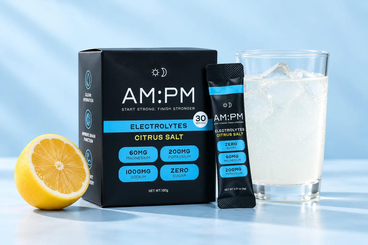 AM:PM Citrus Salt electrolyte box and sachet beside a glass of water