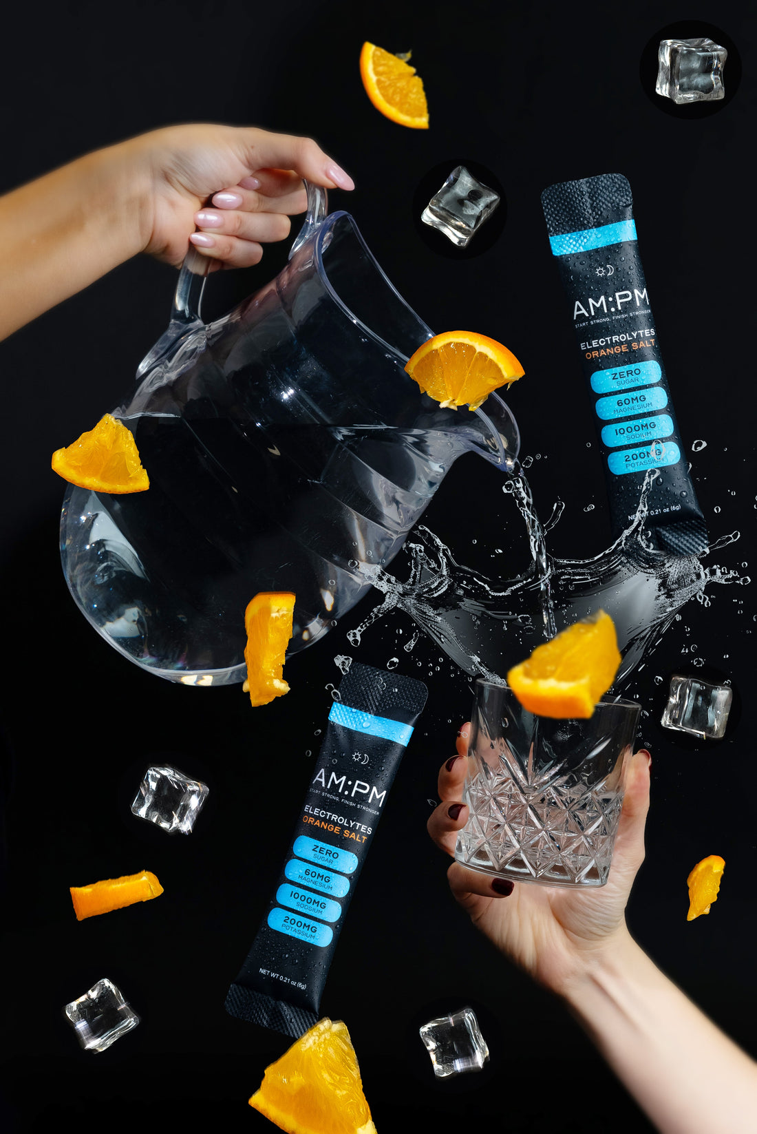 AM:PM electrolyte sachets being poured into drinking bottles