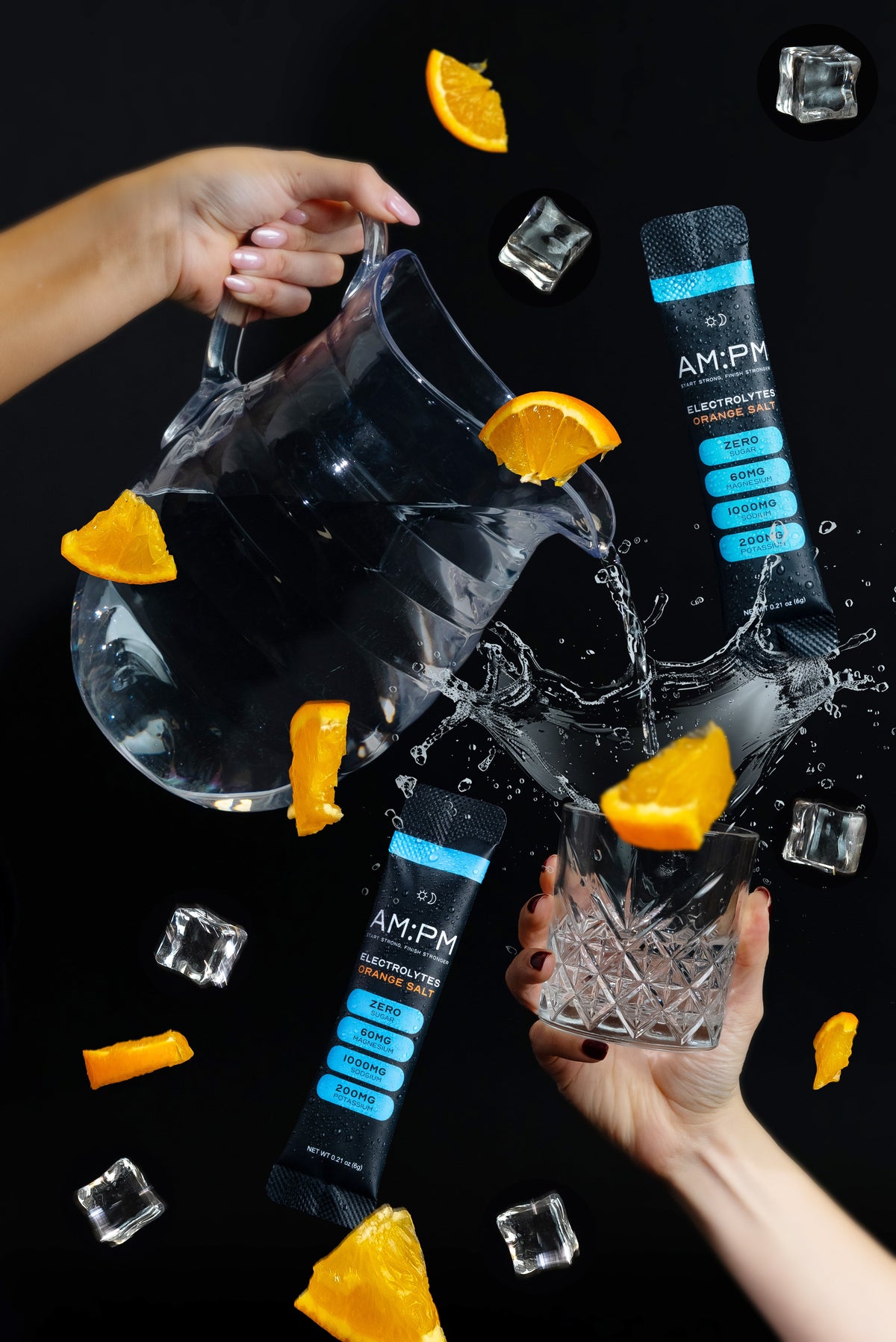 AM:PM electrolyte sachets being poured into drinking bottles