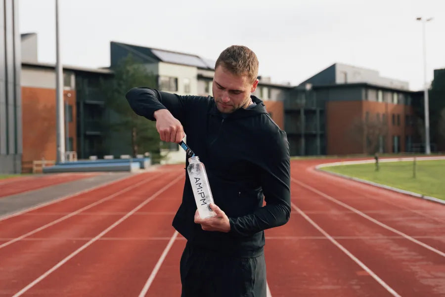 An AM:PM electrolyte sachet being mixed into a water bottle at a running track