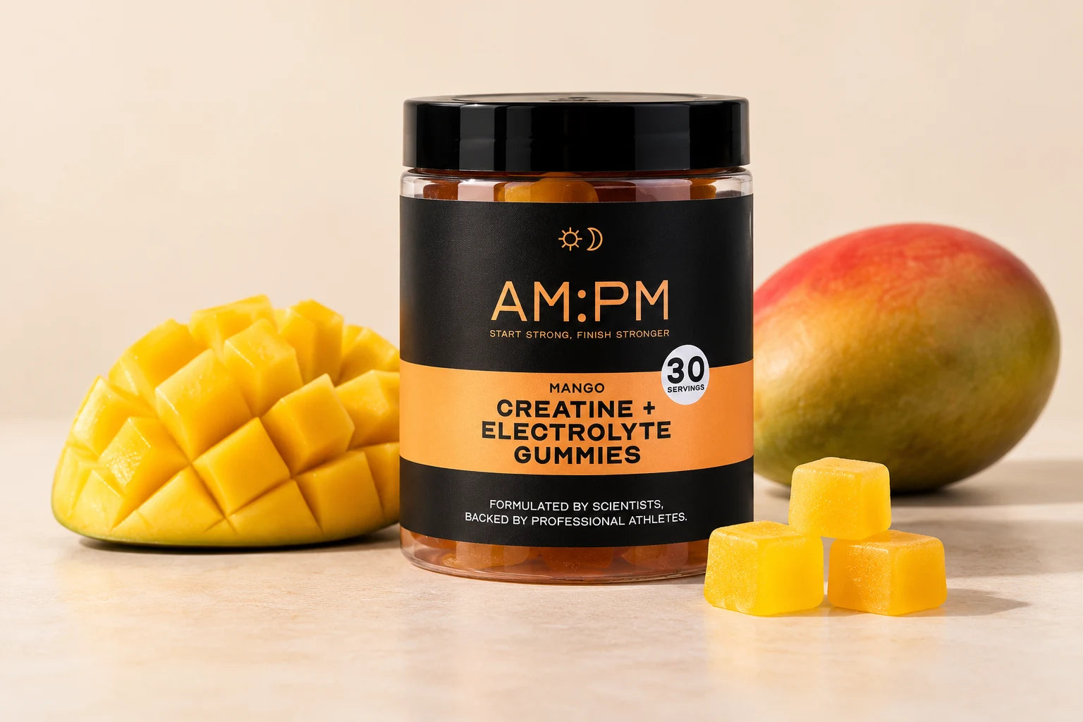AM:PM mango creatine gummies beside mango fruit