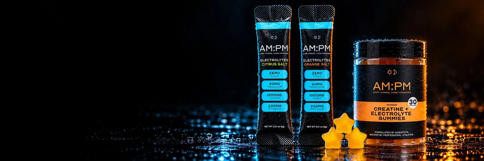 AM:PM Citrus and Orange electrolyte sachets with mango creatine gummies