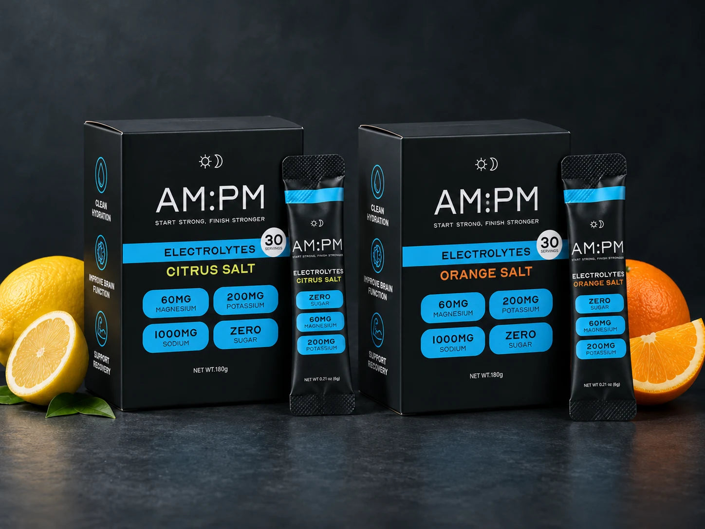 Two AM:PM electrolyte boxes, Citrus Salt and Orange Salt, containing 60 sachets in total