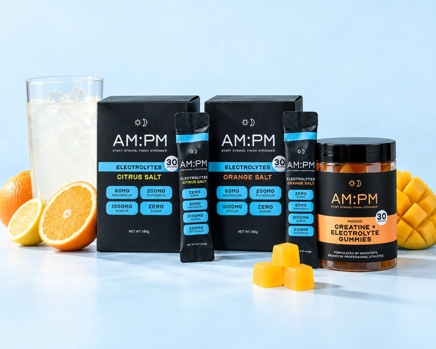 AM:PM Citrus and Orange electrolyte sachets with mango creatine gummies